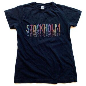 Womens Stockholm Souvenir T-Shirt US 4 S Black Short Sleeve Rainbow Rhinestones